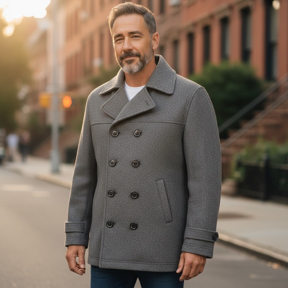 Arjun Men's Vintage Dark Grey Double Breasted Wool Blend Peacoat Jacket XL New
